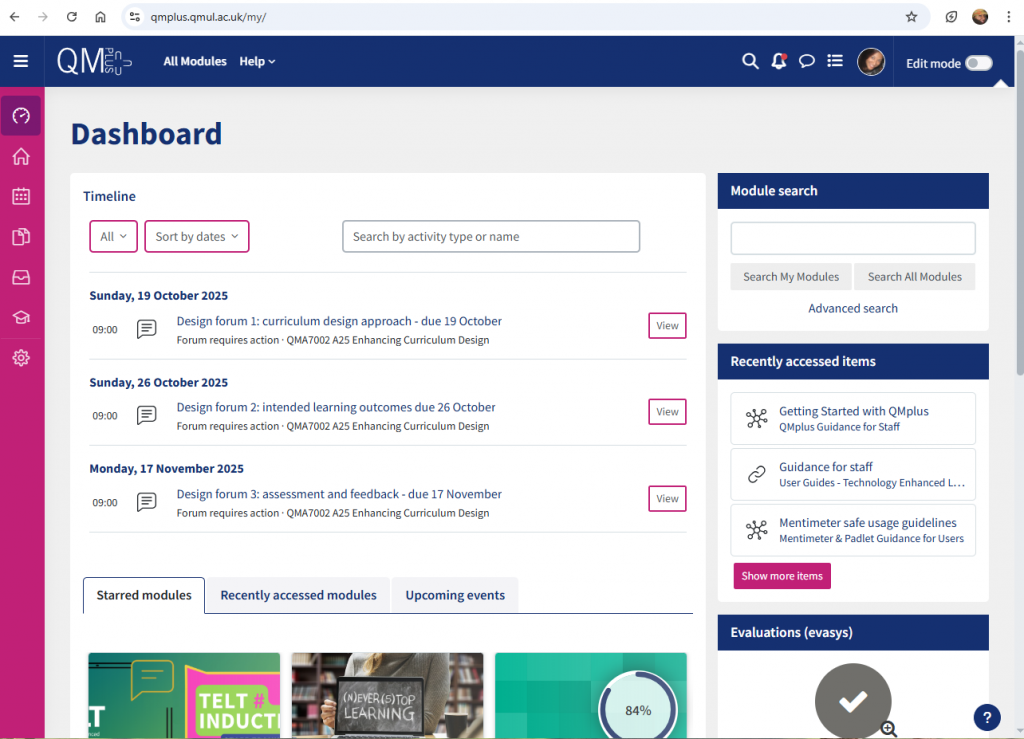 Screenshot of QMplus dashboard with the timeline